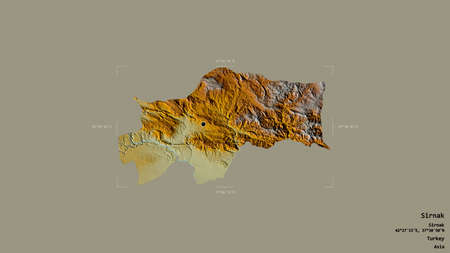 Area of Sirnak, province of Turkey, isolated on a solid background in a georeferenced bounding box. Labels. Topographic relief map. 3D renderingの写真素材