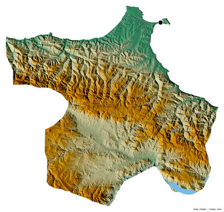 Shape of Sinop, province of Turkey, with its capital isolated on white background. Topographic...