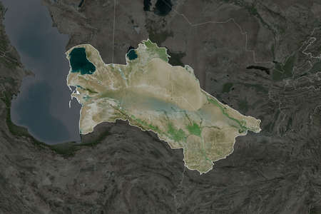 Shape of Turkmenistan separated by the desaturation of neighboring areas. Borders. Satellite imagery. 3D renderingの写真素材