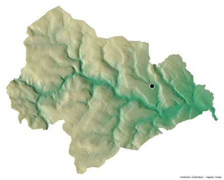 Shape of Calderdale, administrative county of England, with its capital isolated on white background. Topographic relief map. 3D renderingの写真素材