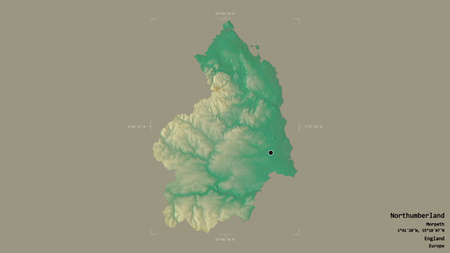 Area of Northumberland, administrative county of England, isolated on a solid background in a georeferenced bounding box. Labels. Topographic relief map. 3D renderingの写真素材