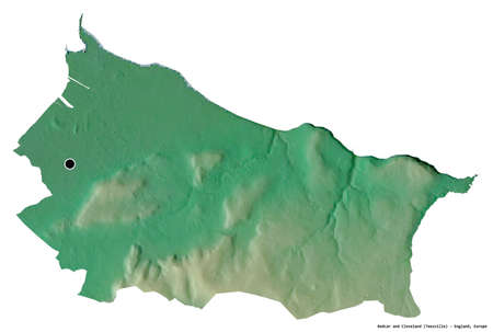 Shape of Redcar and Cleveland, unitary authority of England, with its capital isolated on white background. Topographic relief map. 3D renderingの写真素材