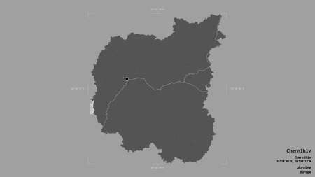Area of Chernihiv, region of Ukraine, isolated on a solid background in a georeferenced bounding box. Labels. Bilevel elevation map. 3D renderingの写真素材