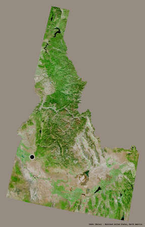 Shape of Idaho, state of Mainland United States, with its capital isolated on a solid color background. Satellite imagery. 3D renderingの写真素材