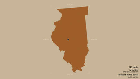 Area of Illinois, state of Mainland United States, isolated on a solid background in a georeferenced bounding box. Labels. Composition of patterned textures. 3D renderingの写真素材