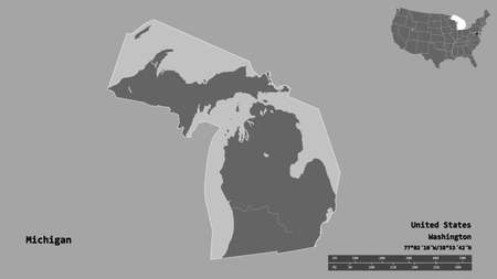 Shape of Michigan, state of Mainland United States, with its capital isolated on solid background. Distance scale, region preview and labels. Bilevel elevation map. 3D renderingの写真素材