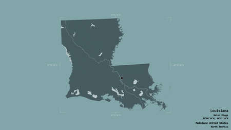 Area of Louisiana, state of Mainland United States, isolated on a solid background in a georeferenced bounding box. Labels. Colored elevation map. 3D renderingの写真素材