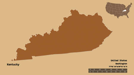 Shape of Kentucky, state of Mainland United States, with its capital isolated on solid background. Distance scale, region preview and labels. Composition of patterned textures. 3D renderingの写真素材