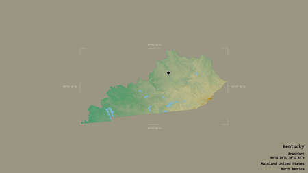 Area of Kentucky, state of Mainland United States, isolated on a solid background in a georeferenced bounding box. Labels. Topographic relief map. 3D renderingの写真素材