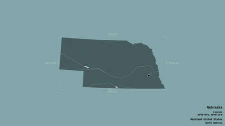 Area of Nebraska, state of Mainland United States, isolated on a solid background in a georeferenced bounding box. Labels. Colored elevation map. 3D renderingの写真素材
