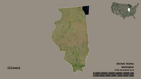 Shape of Illinois, state of Mainland United States, with its capital isolated on solid background. Distance scale, region preview and labels. Satellite imagery. 3D renderingの写真素材