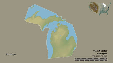 Shape of Michigan, state of Mainland United States, with its capital isolated on solid background. Distance scale, region preview and labels. Topographic relief map. 3D renderingの写真素材