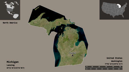 Shape of Michigan, state of Mainland United States, and its capital. Distance scale, previews and labels. Satellite imagery. 3D renderingの写真素材