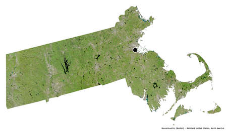 Shape of Massachusetts, state of Mainland United States, with its capital isolated on white...