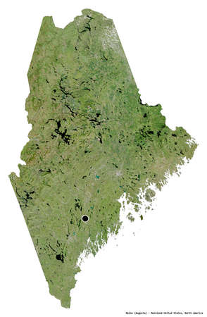 Shape of Maine, state of Mainland United States, with its capital isolated on white background. Satellite imagery. 3D renderingの写真素材