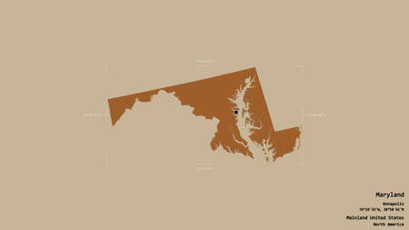 Area of Maryland, state of Mainland United States, isolated on a solid background in a georeferenced bounding box. Labels. Composition of patterned textures. 3D renderingの写真素材