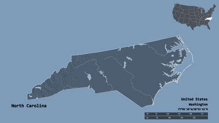 Shape of North Carolina, state of Mainland United States, with its capital isolated on solid background. Distance scale, region preview and labels. Colored elevation map. 3D renderingの写真素材