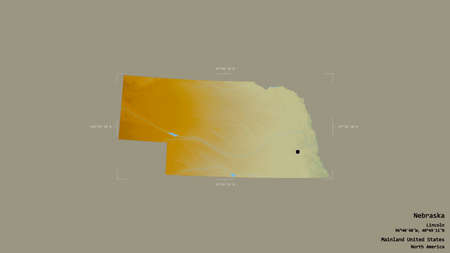Area of Nebraska, state of Mainland United States, isolated on a solid background in a georeferenced bounding box. Labels. Topographic relief map. 3D renderingの写真素材