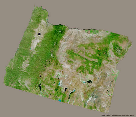 Shape of Oregon, state of Mainland United States, with its capital isolated on a solid color background. Satellite imagery. 3D renderingの写真素材