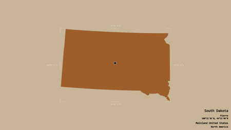 Area of South Dakota, state of Mainland United States, isolated on a solid background in a georeferenced bounding box. Labels. Composition of patterned textures. 3D renderingの写真素材