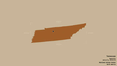 Area of Tennessee, state of Mainland United States, isolated on a solid background in a georeferenced bounding box. Labels. Composition of patterned textures. 3D renderingの写真素材