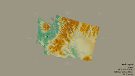 Area of Washington, state of Mainland United States, isolated on a solid background in a georeferenced bounding box. Labels. Topographic relief map. 3D renderingの写真素材