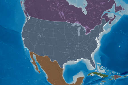 Extended area of Mainland United States with country outline, international and regional borders....
