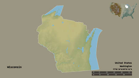 Shape of Wisconsin, state of Mainland United States, with its capital isolated on solid background. Distance scale, region preview and labels. Topographic relief map. 3D renderingの写真素材