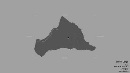 Area of Cerro Largo, department of Uruguay, isolated on a solid background in a georeferenced bounding box. Labels. Bilevel elevation map. 3D renderingの写真素材