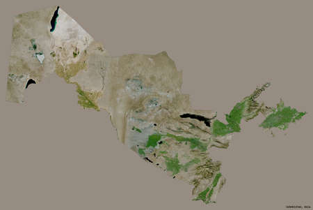 Shape of Uzbekistan with its capital isolated on a solid color background. Satellite imagery. 3D renderingの写真素材