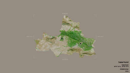 Area of Samarkand, region of Uzbekistan, isolated on a solid background in a georeferenced bounding box. Labels. Satellite imagery. 3D renderingの写真素材