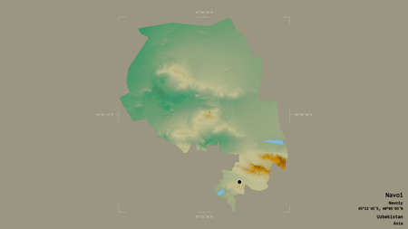 Area of Navoi, region of Uzbekistan, isolated on a solid background in a georeferenced bounding box....