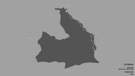 Area of Sirdaryo, region of Uzbekistan, isolated on a solid background in a georeferenced bounding box. Labels. Bilevel elevation map. 3D renderingの写真素材