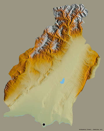 Shape of Surkhandarya, region of Uzbekistan, with its capital isolated on a solid color background. Topographic relief map. 3D renderingの写真素材