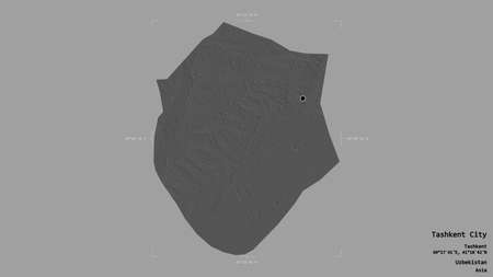 Area of Tashkent City, city of Uzbekistan, isolated on a solid background in a georeferenced bounding box. Labels. Bilevel elevation map. 3D renderingの写真素材