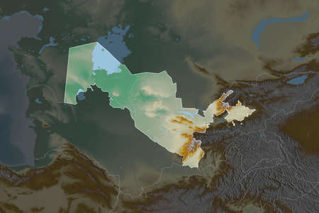Shape of Uzbekistan separated by the desaturation of neighboring areas. Borders. Topographic relief...