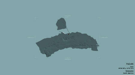 Area of FalcÃ³n, state of Venezuela, isolated on a solid background in a georeferenced bounding box. Labels. Colored elevation map. 3D renderingの写真素材