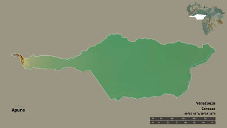Shape of Apure, state of Venezuela, with its capital isolated on solid background. Distance scale, region preview and labels. Topographic relief map. 3D renderingの写真素材