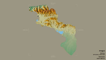 Area of Aragua, state of Venezuela, isolated on a solid background in a georeferenced bounding box. Labels. Topographic relief map. 3D renderingの写真素材
