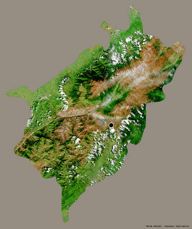 Shape of MÃ©rida, state of Venezuela, with its capital isolated on a solid color background. Satellite imagery. 3D renderingの写真素材