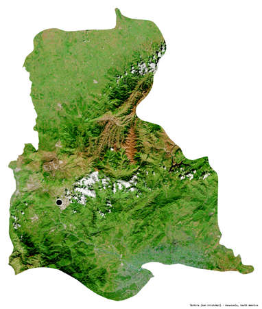 Shape of TÃ¡chira, state of Venezuela, with its capital isolated on white background. Satellite imagery. 3D renderingの写真素材