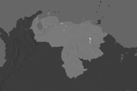 Shape of Venezuela separated by the desaturation of neighboring areas. Bilevel elevation map. 3D renderingの写真素材