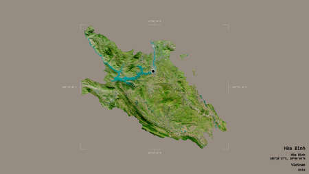 Area of HÃ²a BÃ¬nh, province of Vietnam, isolated on a solid background in a georeferenced bounding box. Labels. Satellite imagery. 3D renderingの写真素材
