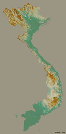 Shape of Vietnam with its capital isolated on a solid color background. Topographic relief map. 3D...