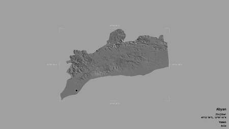 Area of Abyan, governorate of Yemen, isolated on a solid background in a georeferenced bounding box. Labels. Bilevel elevation map. 3D renderingの写真素材
