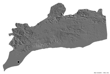 Shape of Abyan, governorate of Yemen, with its capital isolated on white background. Bilevel elevation map. 3D renderingの写真素材