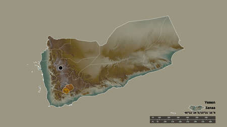 Desaturated shape of Yemen with its capital, main regional division and the separated Al Dali' area....