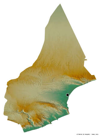 Shape of Al Mahrah, governorate of Yemen, with its capital isolated on white background. Topographic relief map. 3D renderingの写真素材