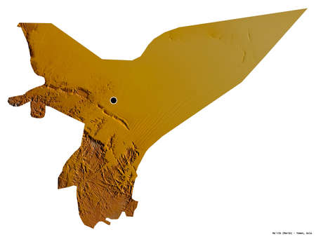 Shape of Ma'rib, governorate of Yemen, with its capital isolated on white background. Topographic relief map. 3D renderingの写真素材