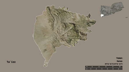 Shape of Ta`izz, governorate of Yemen, with its capital isolated on solid background. Distance scale, region preview and labels. Satellite imagery. 3D renderingの写真素材